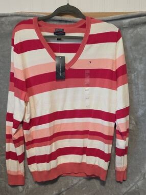 NWT Tommy Hilfiger Striped V-Neck Sweater in Red, Pink & White